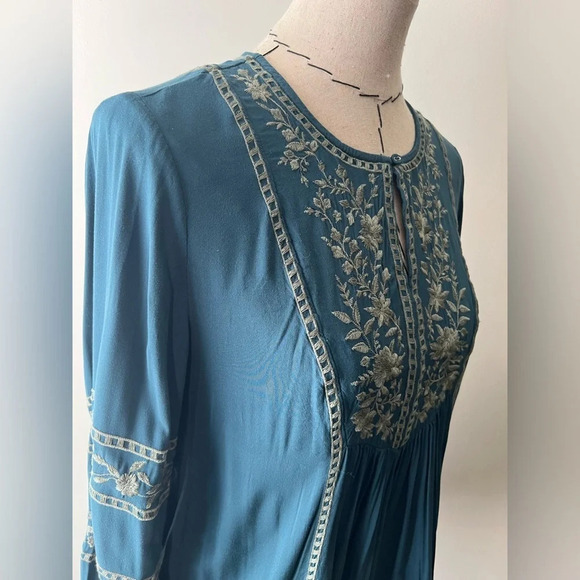J. Jill Vicose Teal Peasant Style Tunic Blouse, Green Embroidery relaxed sz S - Picture 6 of 10